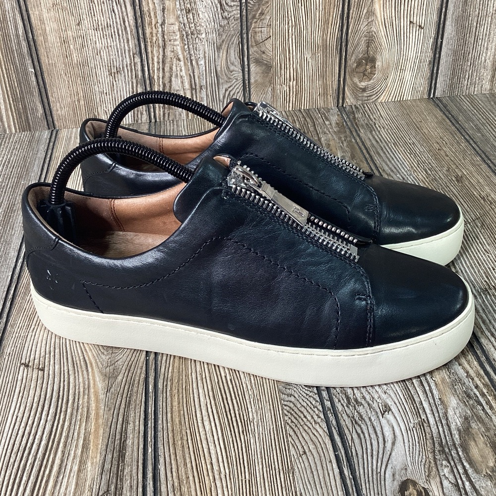 Frye Women's 10 B Lena Front Zip Low Sneakers Shoes Black Leather 3471323-BLK